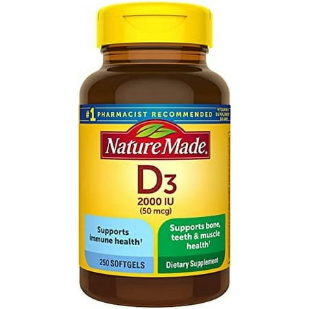 Nature Made Vitamin D3 2000 IU (50 mcg) Dietary Supplement for Bone Teeth Muscle and Immune Health Support 250 Softgels 250 Day Supply 250 Count (Pack of 1)