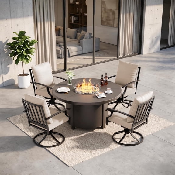 Gotland 5-Piece Outdoor Patio Dining Set, 48 Inch Round Propane Fire Pit Table with 4 Swivel Rocking Chairs, All Weather Patio Conversation Furniture for Backyard Deck Garden, Sand