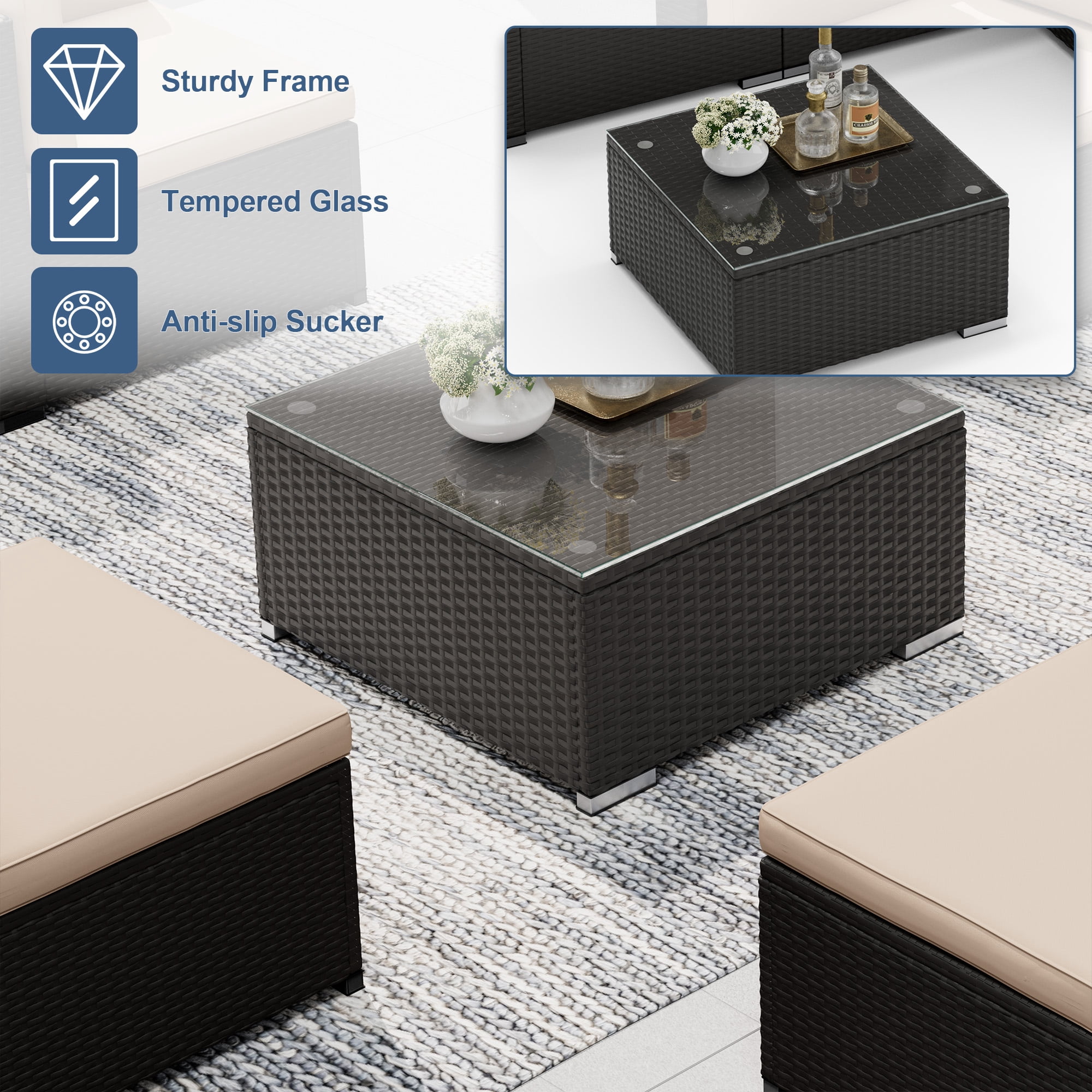 SOLAURA 5-Piece Outdoor Patio Furniture Sofa Set, Rattan Wicker Sectional Sofa with Ottoman, Glass Coffee Table & Cushions, Outdoor Conversation Set for Backyard, Garden, Porch, Brown