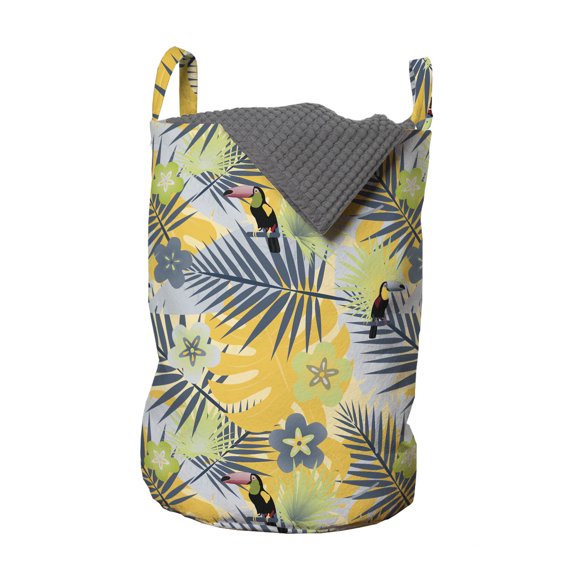 Tropical Laundry Bag, Exotic Forest Pattern with Abstract Flowers Leaves and Toucan Bird, Hamper Basket with Handles Drawstring Closure for Laundromats, 13" x 19", Multicolor, by Ambesonne
