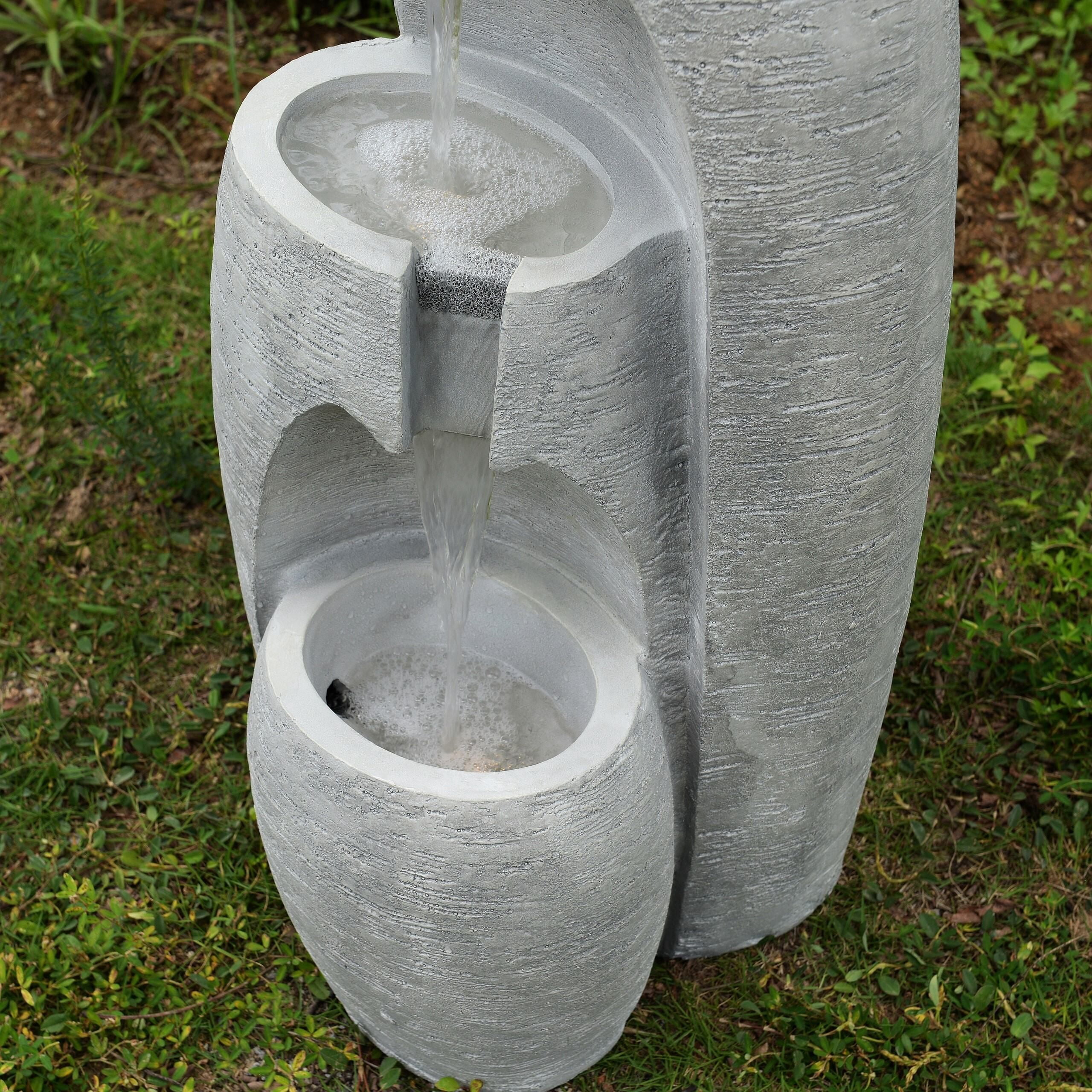 Teamson Home 3-Tier Cascading Urn Outdoor Water Fountain, Warm Glow Lighting with Adjustable Flow & Electric Pump, Gray