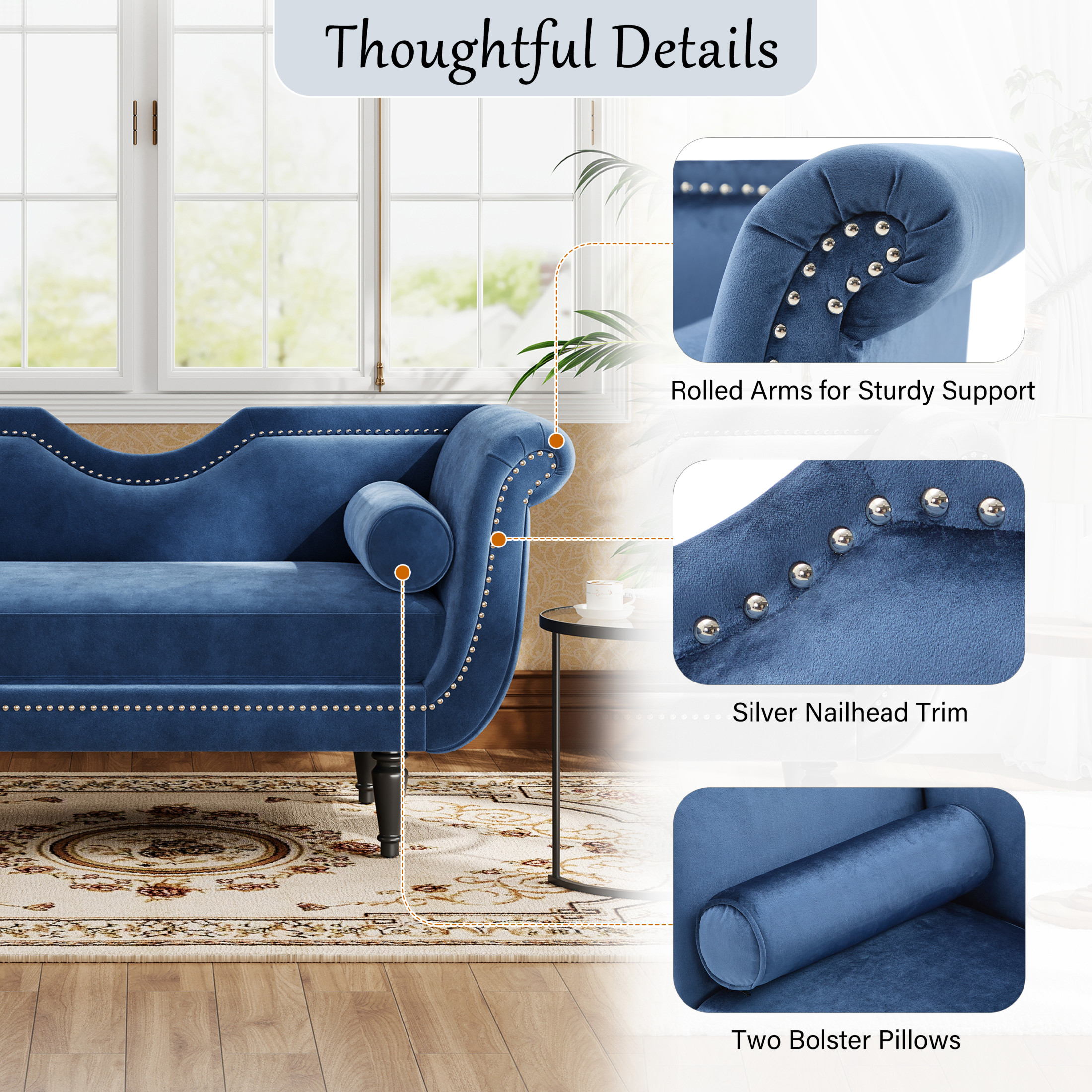 Christopher Knight Home 53" Luxury Velvet Upholstered Bench with Nailhead Trim and Curved Arms, 2 Pillows, Dark Blue