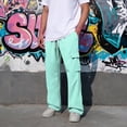 thumbnail image 4 of Men Straight Leg Cargo Pants Drawstring Elastic Waist Multi Pockets Casual Work Trousers Solid Polyester Relaxed Fit Long Pants Blue L, 4 of 7