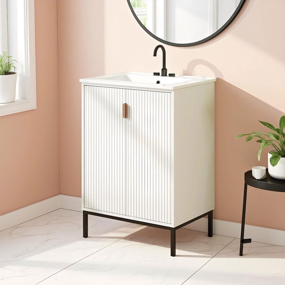 Barara King 24 Inch Bathroom Sink Vanity with Adjustable Shelf, Space-Saving Combo for Small Bathroom, Easy Clean Storage Cabinet, White