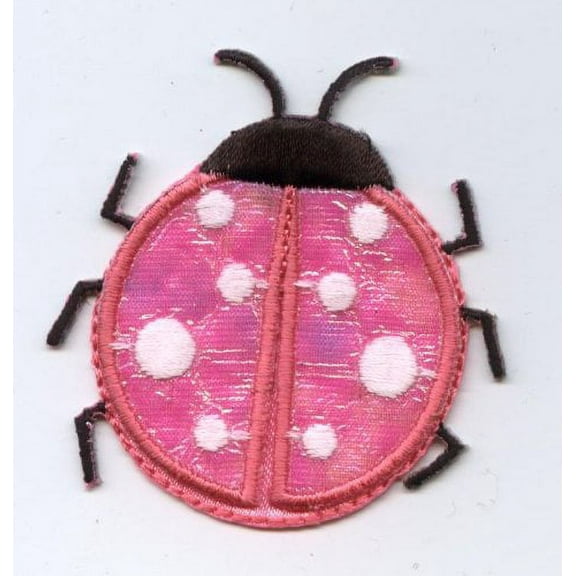 Large - Pink Satin Ladybug - Iron On Embroidered Applique Patch