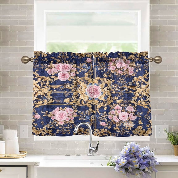 BZSMCE Set of 2 Pieces Kitchen Window Curtain Fashion Floral Damask Printed 27x24in/27x36in