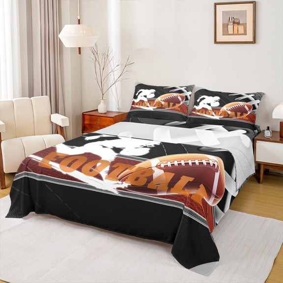 Feelyou 3D Rugby Football Twin Sheet Sets for Teen, Eat Soccer Sleep Twin Fitted Sheet, Cartoon Sports Theme Flat Sheet, Super Cozy Room Decor, 3-Piece