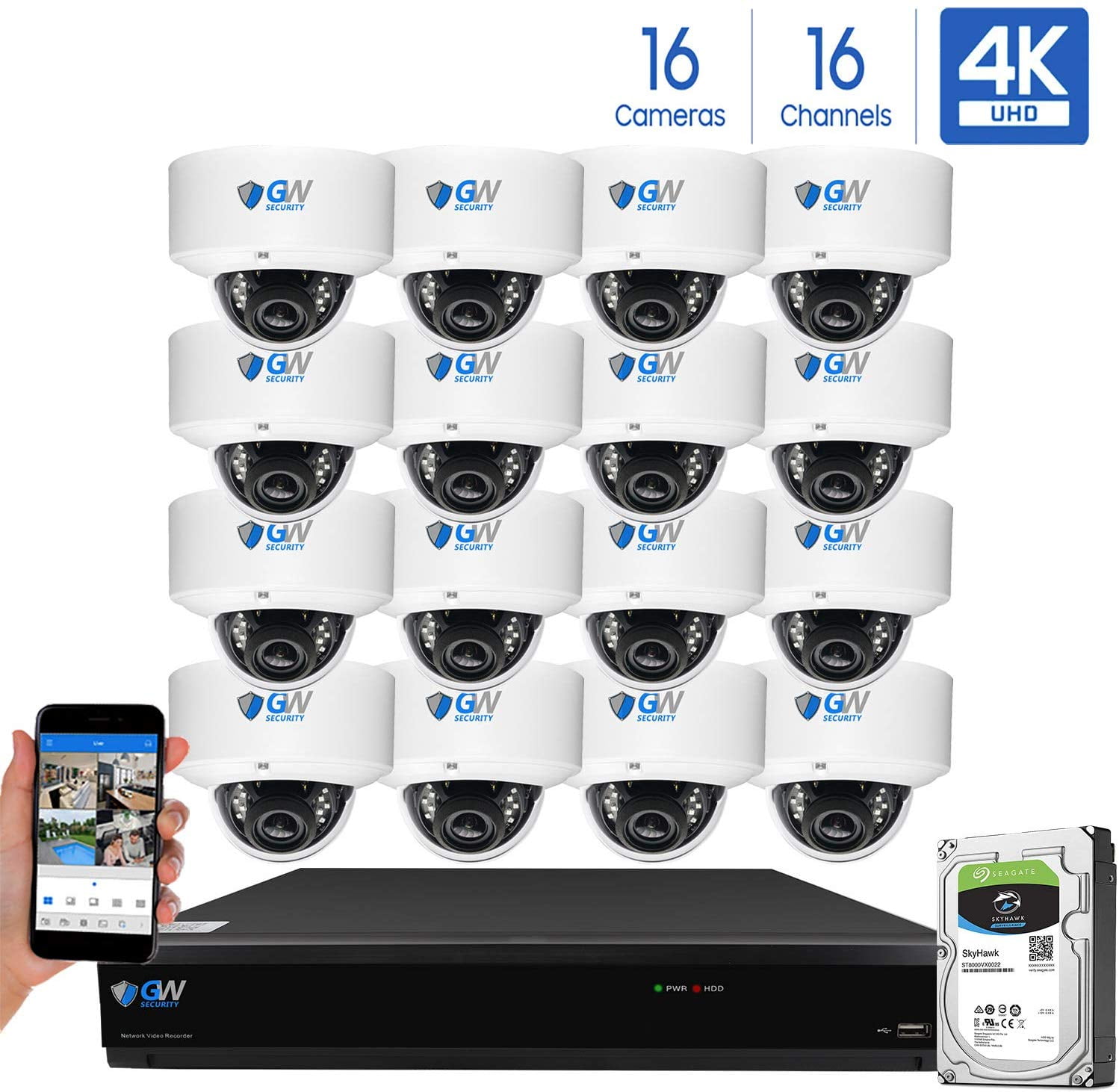 GW Security 16 Channel 4K H.265 CCTV Security System with (16) x HD 8MP