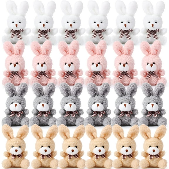 BESTSKY 24 Pcs Plush Bunny Stuffed Animal Bulk 4.7 Inch Mini Bunnies Keychain Doll Furry Rabbit with Bow Tie for Birthday Xmas Easter