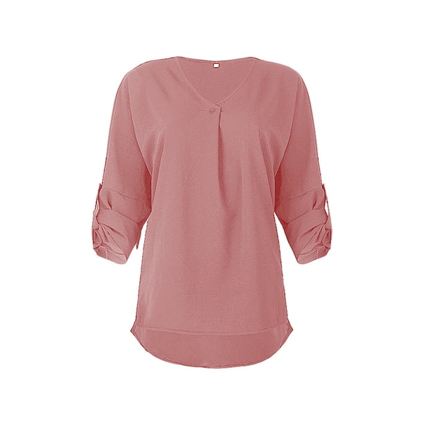 Qarigey Camisa de mujer con cuello en V Blusa suelta Manga larga Color sólido Top casual Prendas para la parte del cuerpo Rojo M