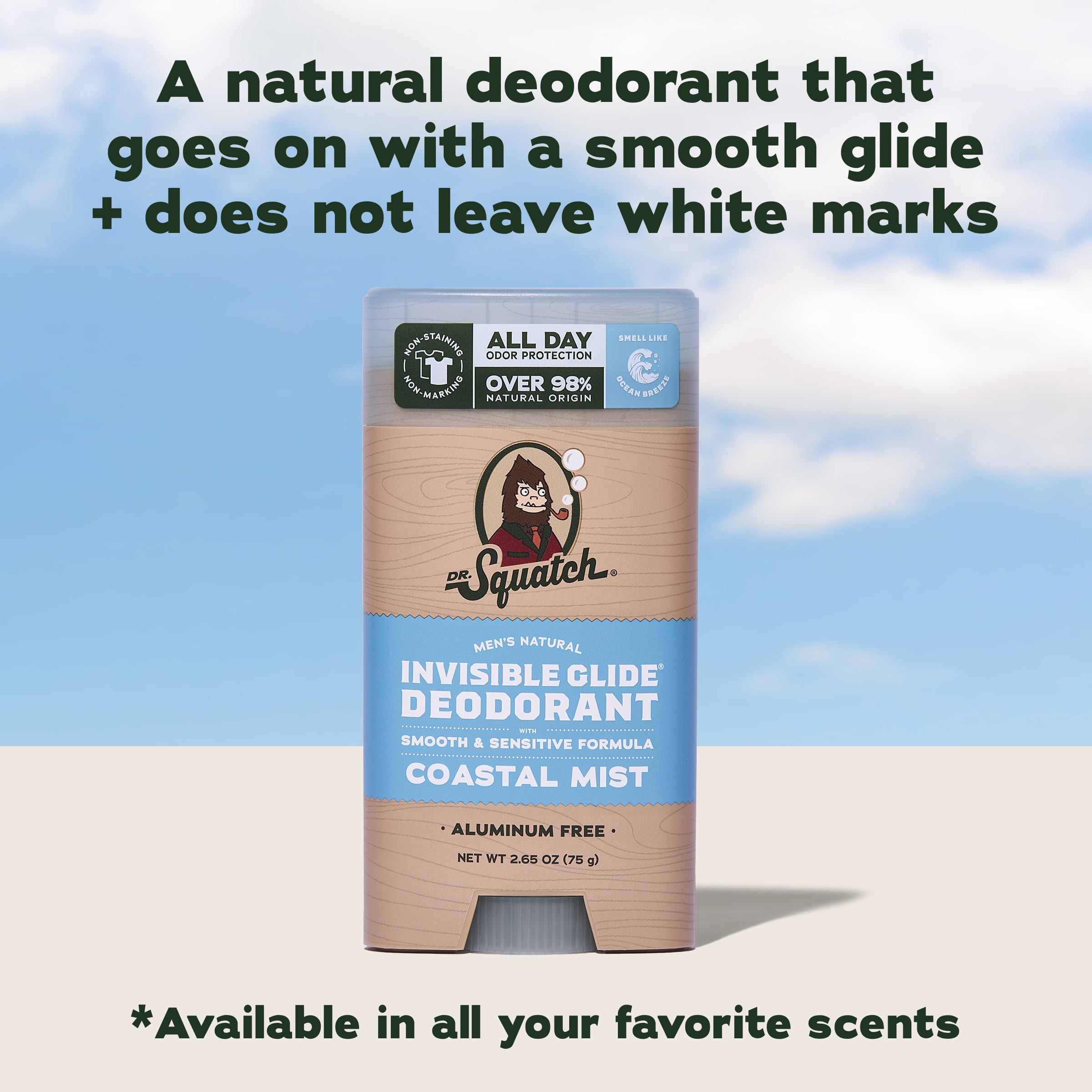 Dr. Squatch Mens Invisible Glide Deodorant Stick, Natural Aluminum Free Deodorant for Men, Coastal Mist, 2.65 Oz