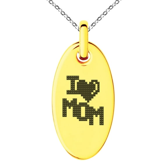 Rose Gold Stainless Steel Pixel I Heart Mom Small Oval Charm Pendant Necklace