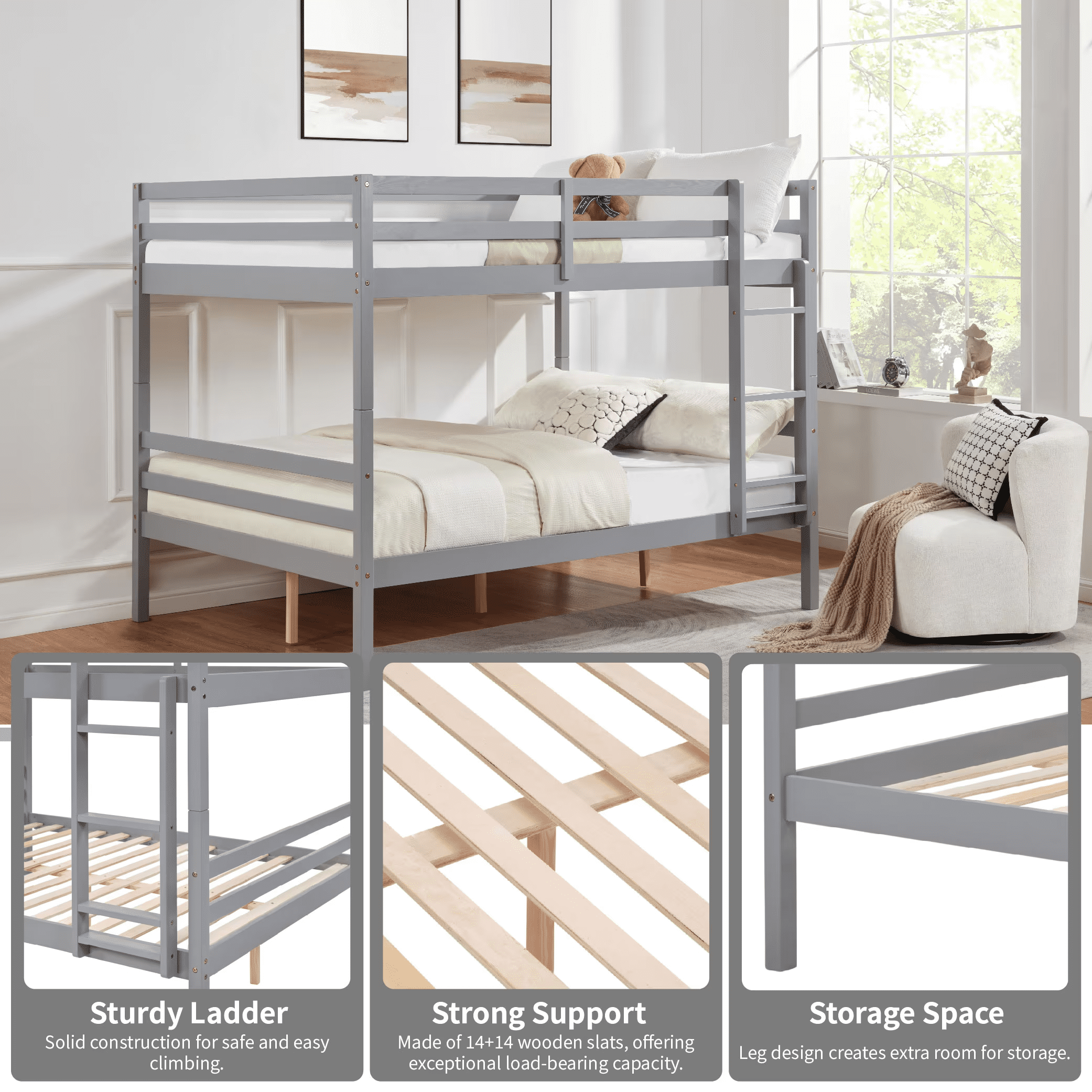 MAYEERTY Full over Full Bunk Bed with Ladder, Wooden Bed Frame with High Guardrail and Ladder for Kids, No Box Spring Needed, Grey