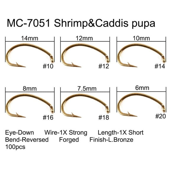 100pcs 4#-22# Fish-Friendly Barbed Fly Fishing Hooks Dry&Wet&Nymph&Shrimp Caddis Pupa Streamer Fly Hooks 7051 Shrimp Caddis 16