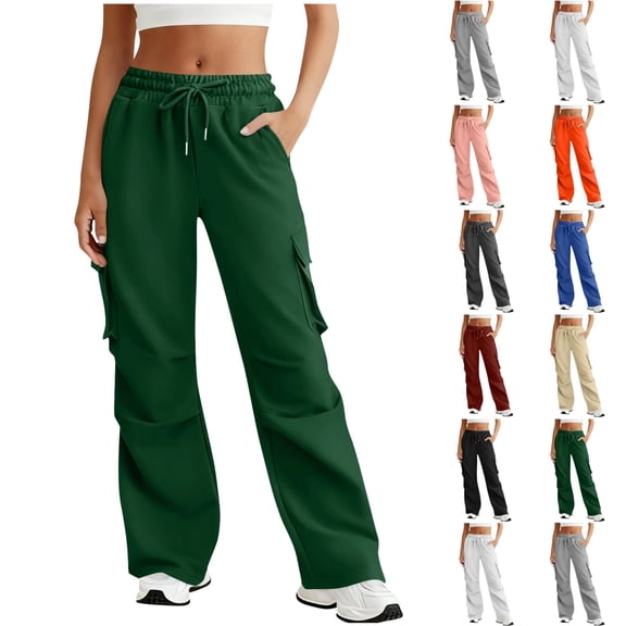 Womens Sweatpants Large Size Drawstring Elastic Waist Fashion Casual Solid Color Lightweight Loose Multi-Pocket Outdoor Sport Pants Wide Leg Workout Trousers