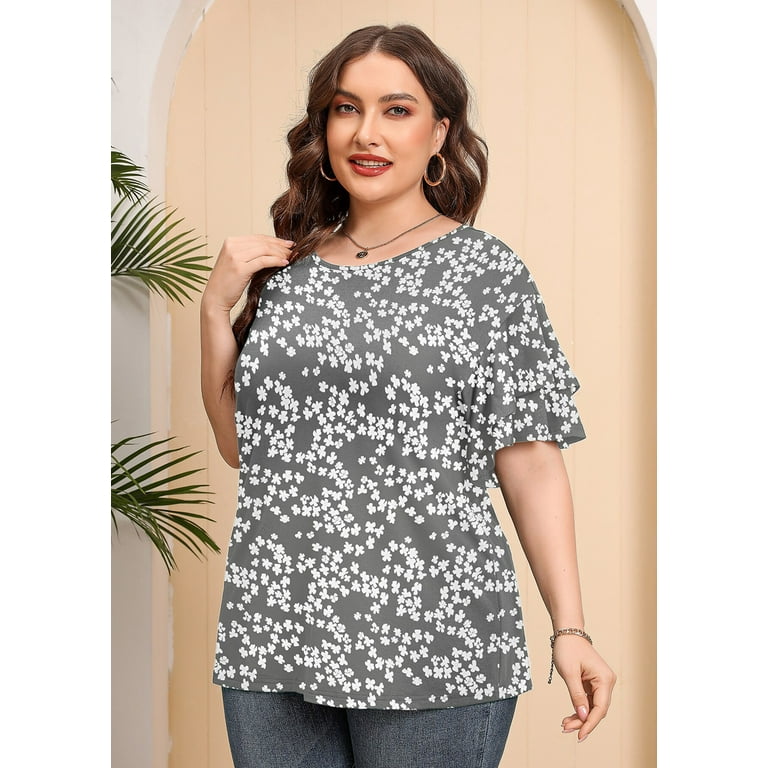 SHOWMALL Plus Size Clothes for Women Double Ruffle Short Sleeve Grey Sakura  3X Tunic Shirt Summer Tops Loose Fitting Clothing