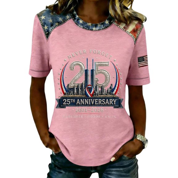 EANJE Women 9/11 25th Anniversary T Shirts Never Forget Raglan Shirt 2001-2026 American Flag Shoulder Patch Crew Neck Short Sleeve Patriotic Memorial Casual Tee Pink S