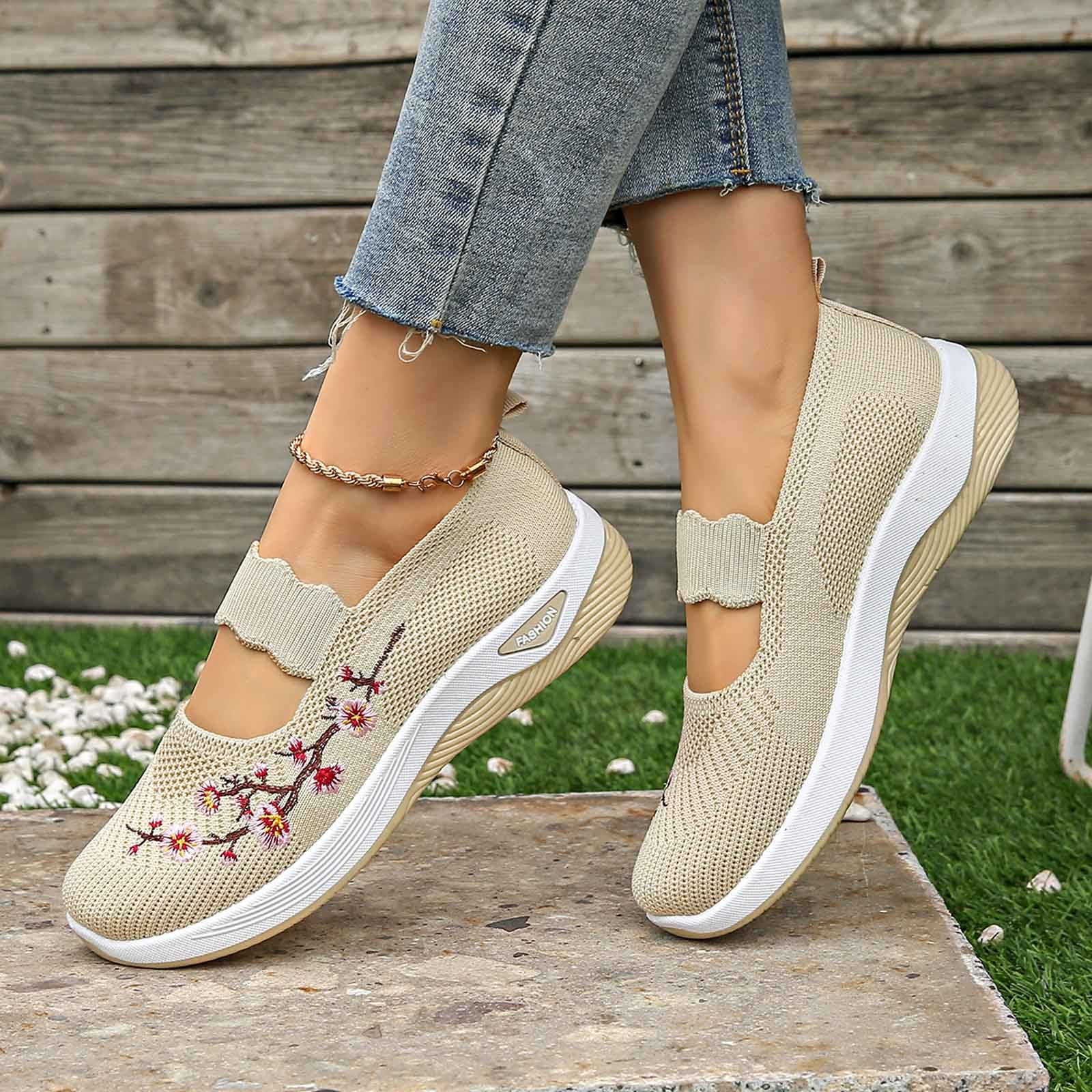 Women's Flower Embroidered On Knitting Flat Loafers,Mary Jane Breathable Elastic Mesh Comfy Platform Non Memory Foam Mom Walking Nurse Shoes Casual Walking Sneakers