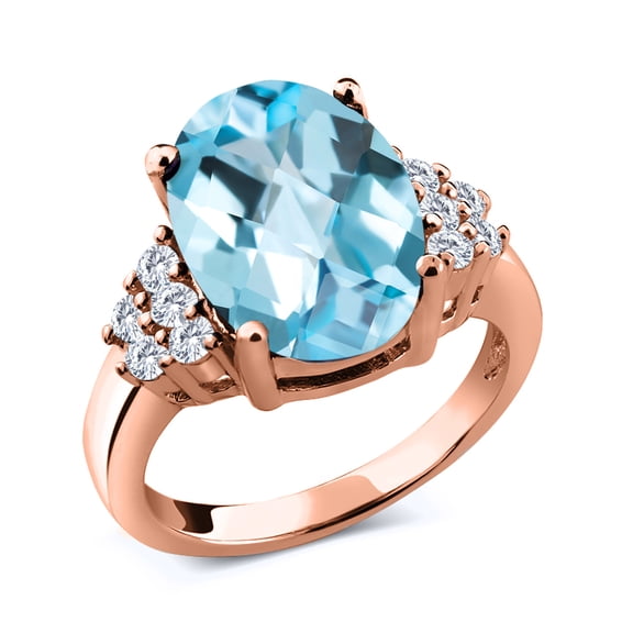 Gem Stone King 7.58 Ct Oval Checkerboard Sky Blue Topaz E-F Lab Grown Diamond 18K Rose Gold Plated Silver Ring (Size 9)