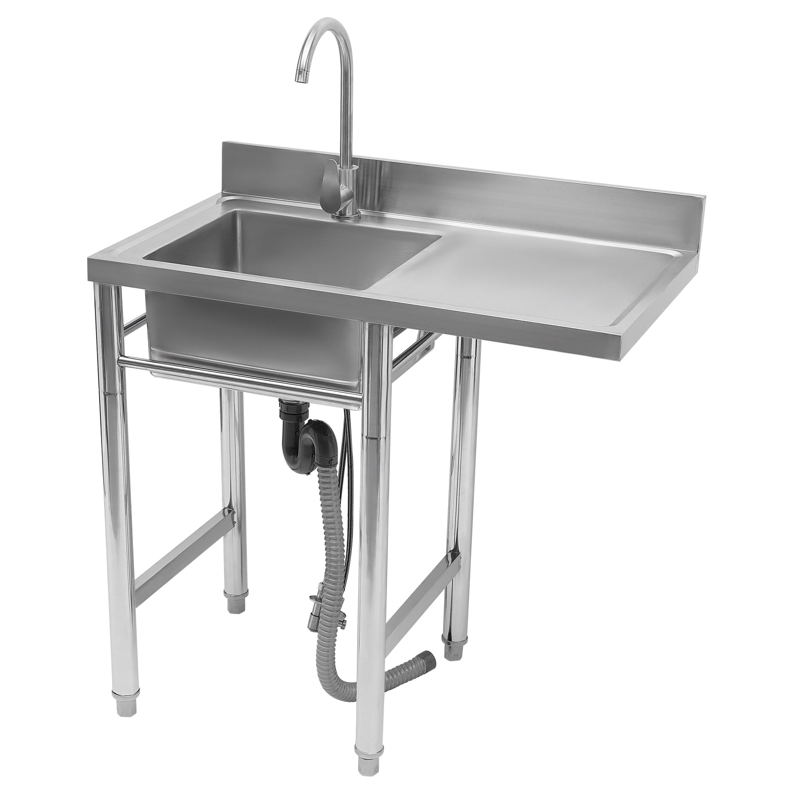 Dwellnix Freestanding Stainless Steel Sink with Drainboard, Large Deep Basin, Hot & Cold Water Faucet, and Adjustable Feet – Perfect for Kitchen & Laundry Room
