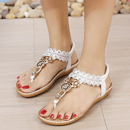 LEEy-World Shoes for Women Women s Summer Sandals Beach Bohemian Beaded Ankle Walking Strap Casual Flip Flops Ladies Flats Comfortable Shoes