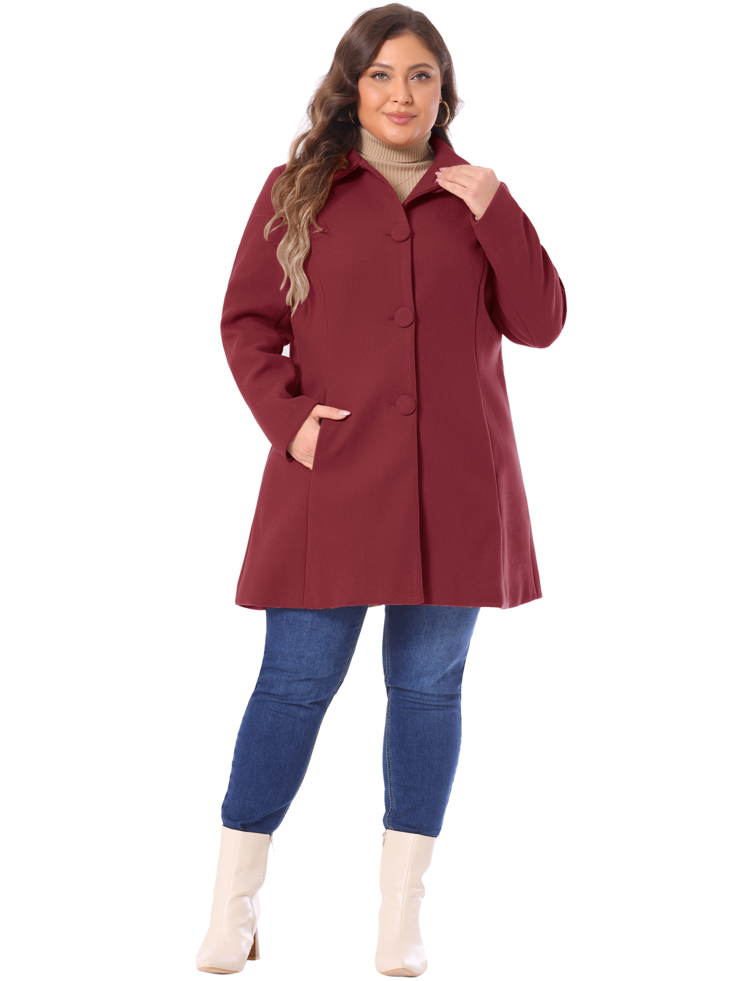 DARING DIVA Women's Plus Size Button Down Single Breasted Peacoat Long Coat 2X Burgundy