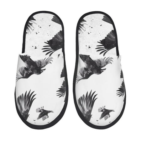 Balery Monochrome Flying Ravens Slient Indoor Furry Fleece Comfort House Shoes Soft Non-Slip Home Shoes Cotton slippers House Slippers-- Large