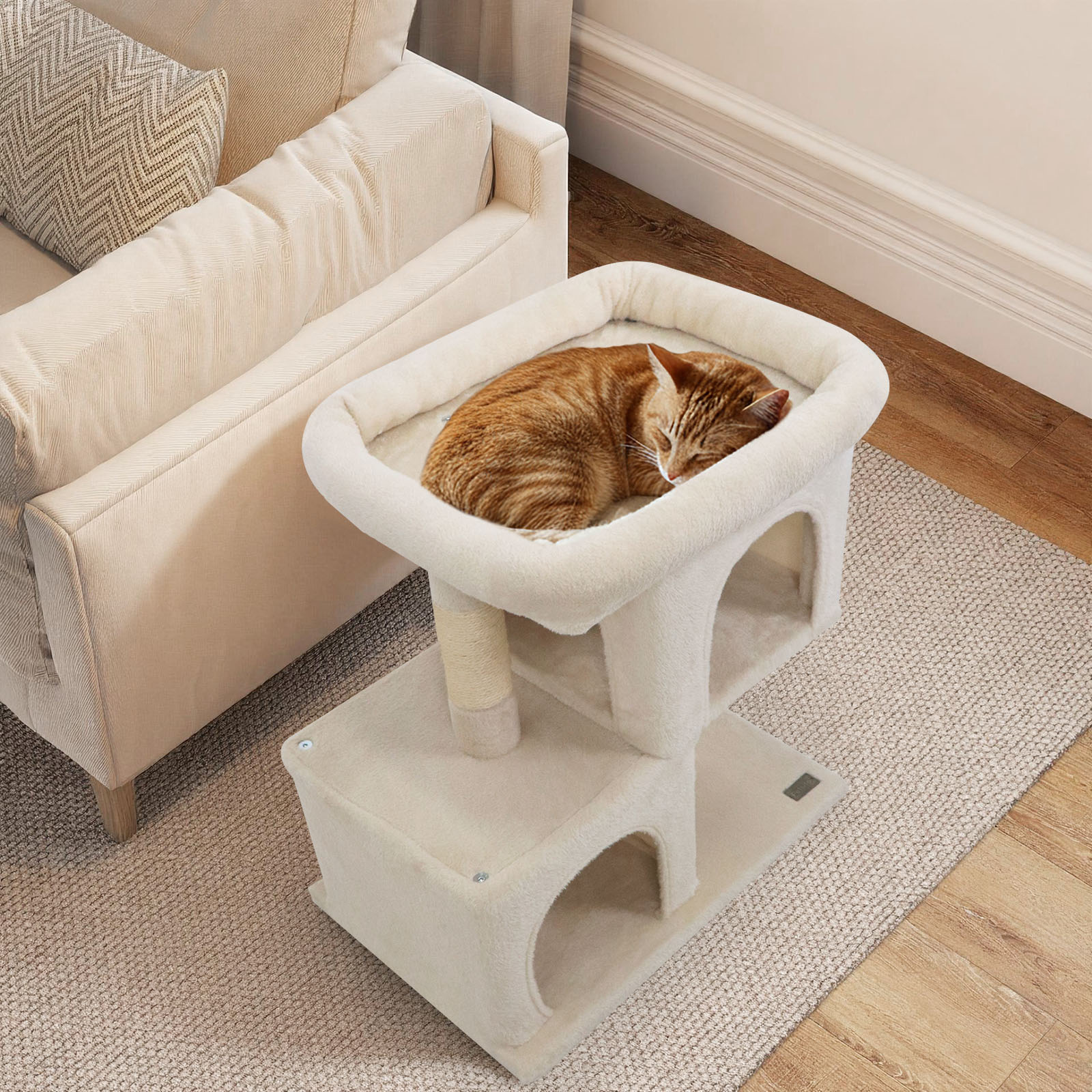 Gymax 25.5'' Cat Tree w/2 Large Condo Padded Top Perch Sisal Scratching Posts for Cats Beige