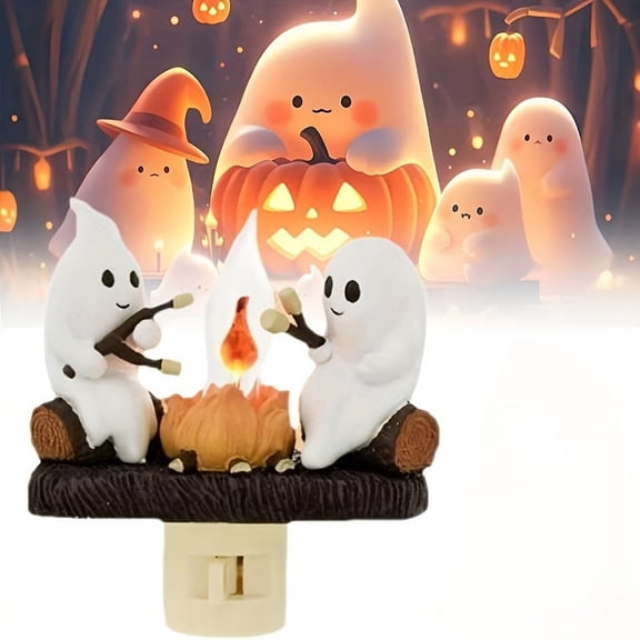 [Halloween] Halloween Ghost Campfire Flickering Night Light, Ghosts Campfire Flicker Flame  3D LED Small Electric Faux Campfire Night Light, Halloween Nightlight Indoor Decorations