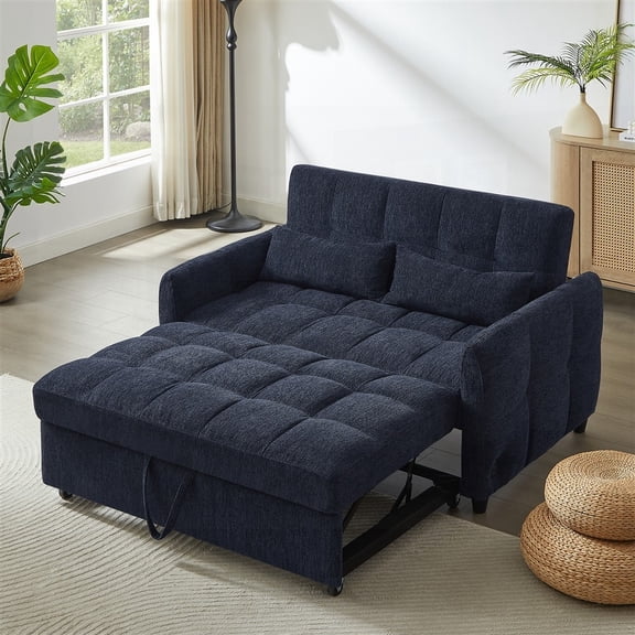 52.8" Blue Loveseat Sofa Pull-out Bed - Adjustable Back & 3 USB Ports, Tufted Design