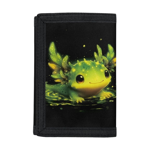 FUIALDOLG Polyester Fabric Children's Wallet with Magic Sticker Zipper Closure, Green Axolotl Trifold Pouch for Outdoor and Sports