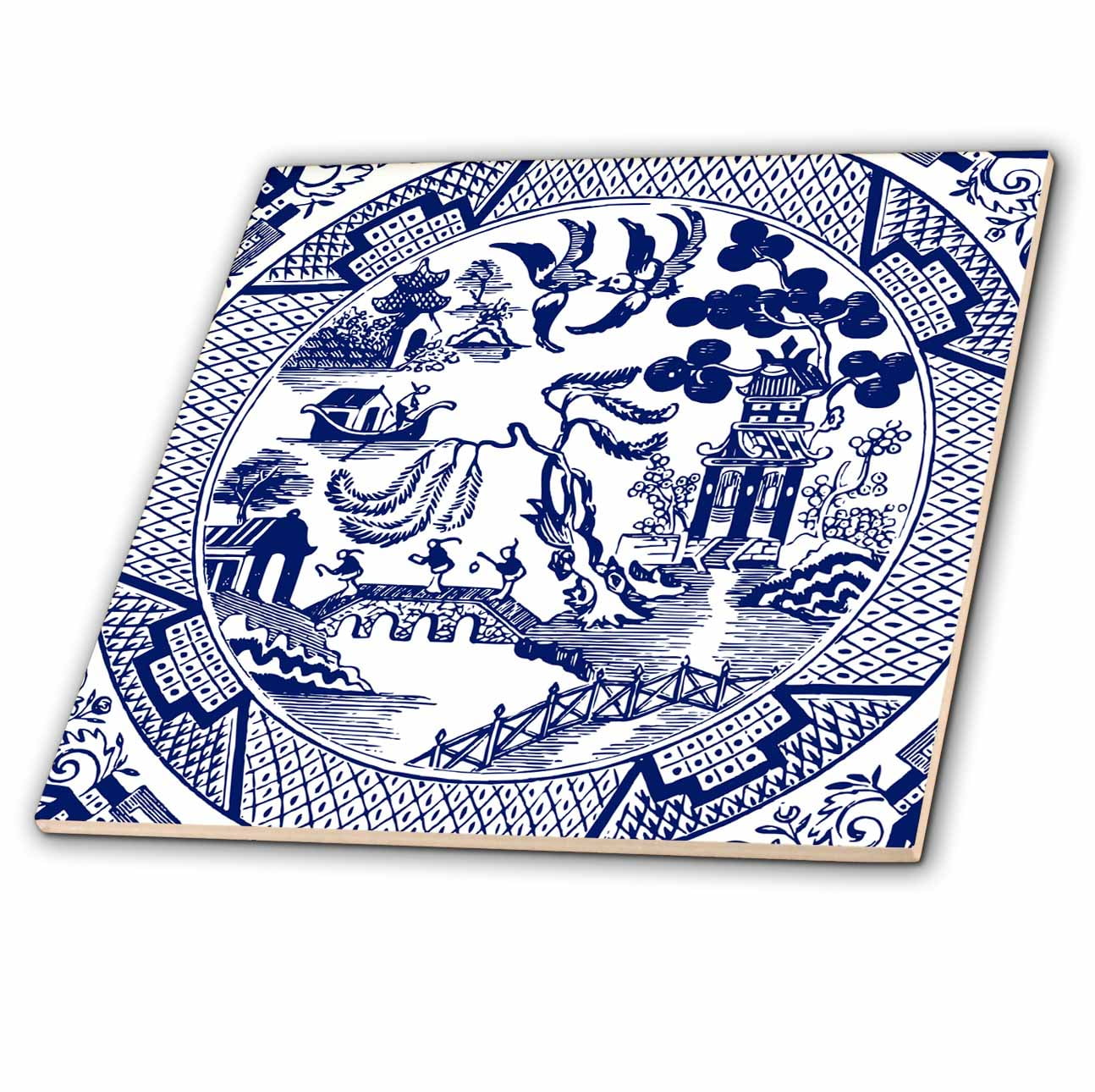 3dRose Willow Pattern Detail in Blue and White Ceramic Tile, 12inch