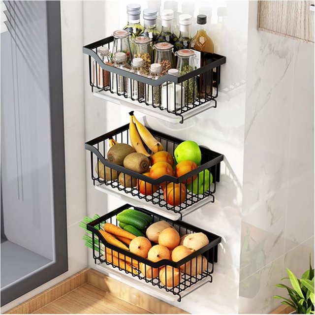 Cesta de almacenamiento de frutas montada en la pared, cesta de frutas y verduras, estante de cocina de acero inoxidable, perfecto para cocina, frutas, verduras, artículos de tocador Color3