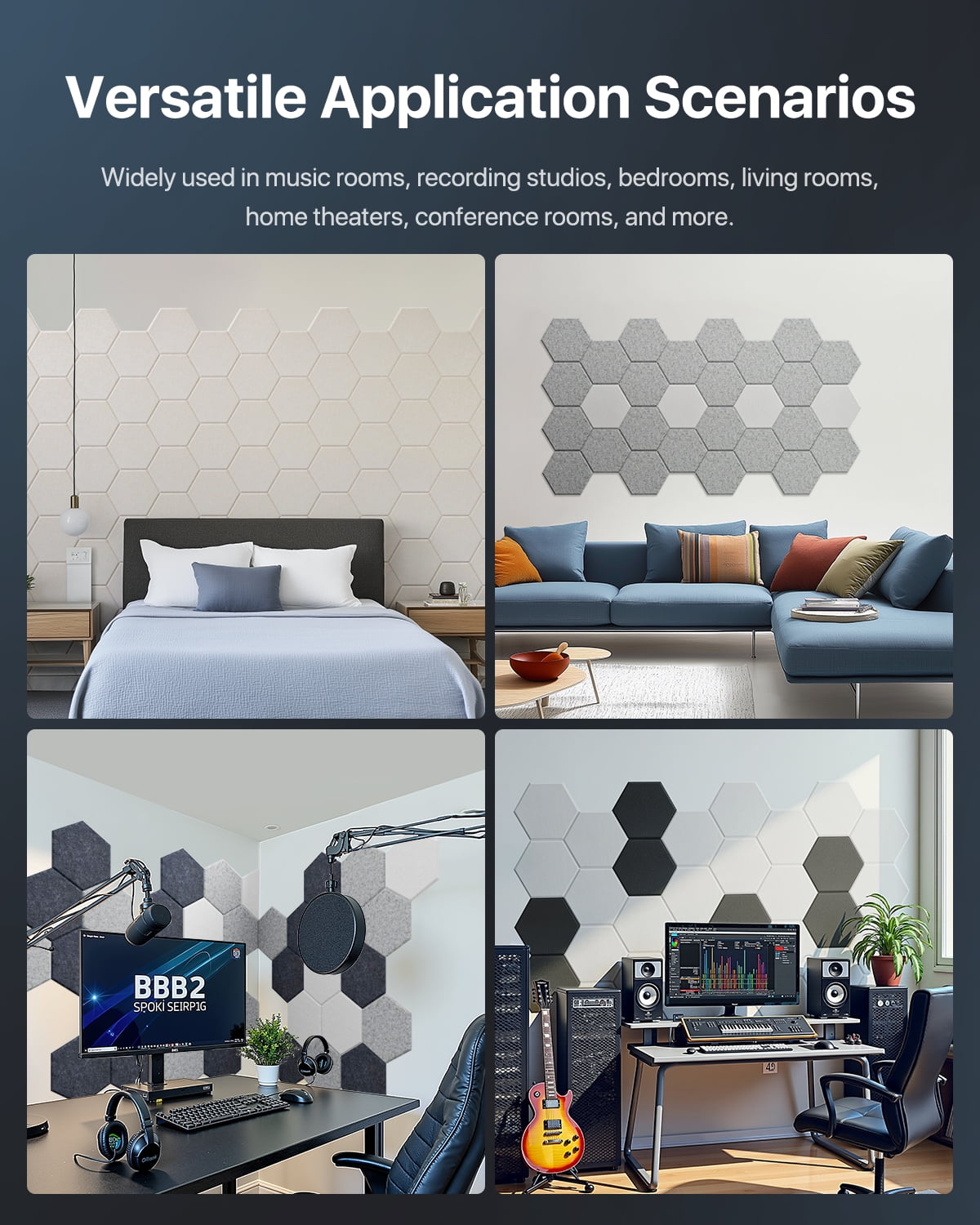 Soundsbay Acoustic Wall Panels Hexagon Self-Adhesive Soundproof Absorbing Noise Cancelling Wall Panels 12 Pack Dark Gray 12'' x 10'' x 0.4''