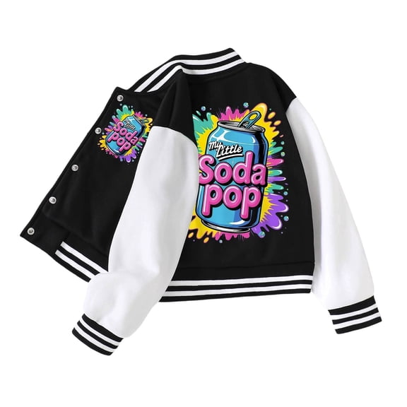 OOOUM Girls Color Block Varsity Jacket Striped Collar Button Down Baseball Bomber Jacket Fashion Graphic Casual Streetwear Lightweight Jacket Black 5-6 Years