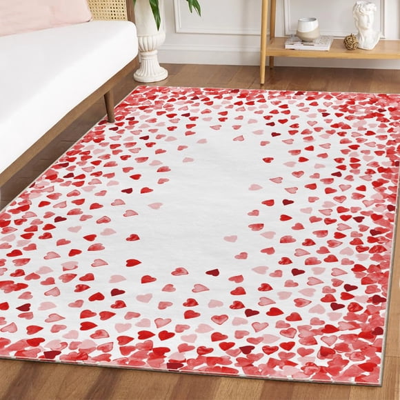 Artoid Mode Tapis Rouge Cœurs d'Amour Saint-Valentin, Décoration de Maison Anniversaire Tapis Lavables à Profil Bas pour Entrée Chambre Salon Buanderie