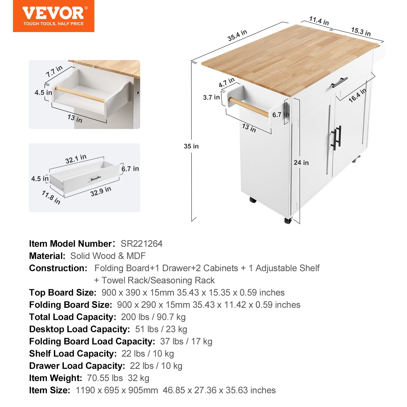 VEVOR Kitchen Island Cart with Solid Wood Top, 35.4" Width Mobile Carts with Storage Cabinet, Rolling Kitchen Table with Spice Rack, Towel Rack, Drop Leaf and Drawer