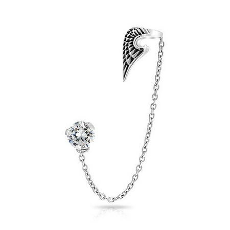 Chain Earrings For Cartilage Guardian Angel Wing Feather Cartilage Ear Lobe Helix Earring Warp Chain Ear Cuff CZ Stud Earring Unisex Stainless Steel ()
