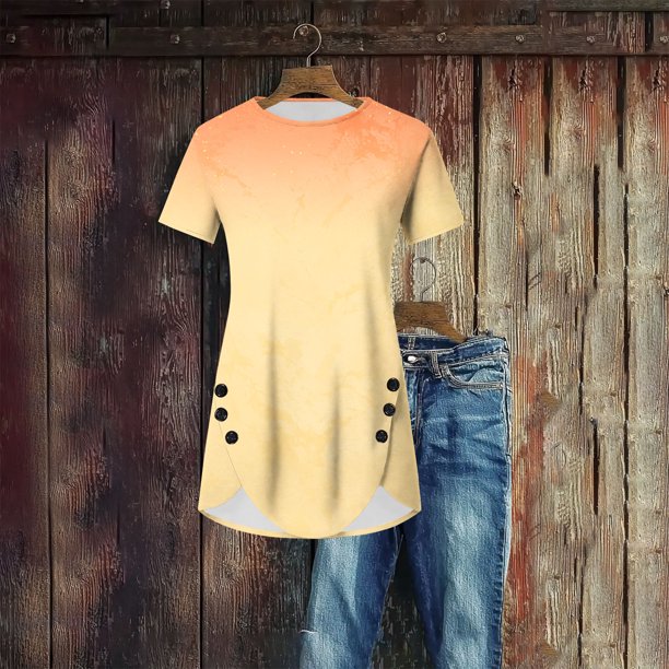 mfyjkho Tops Casuales Para Mujer, Blusa Informal Con Botones Y Cuello Redondo Para Mujer, Cómoda, De Manga Corta Y Estampada Tops Para Salir Para Mujer S