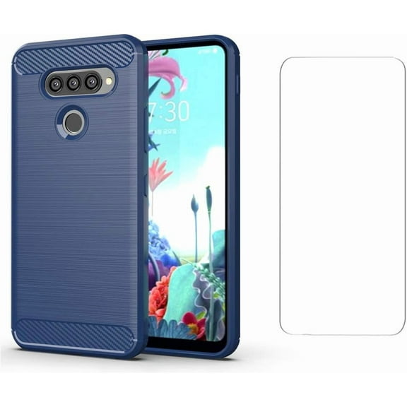 REQO Phone Case for LG Q70 with Tempered Glass Screen Protector Cover and Slim Thin Soft TPU Mobile Film Rugged Cell Accessories Protective LGQ70 Q730 Q 70 LGQ70phone Women Men Carbon Fiber Blue
