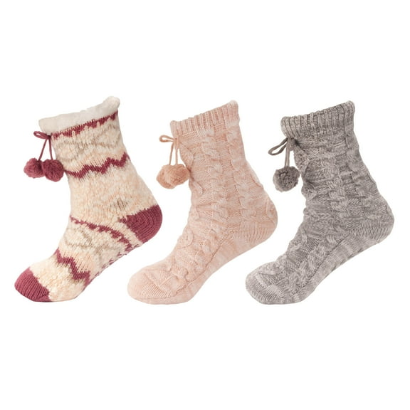 BambooMN Thick Soft Warm Fuzzy Cabin Thermal Fleece-lined Non-skid Crew Socks, Asst B 3 Pairs