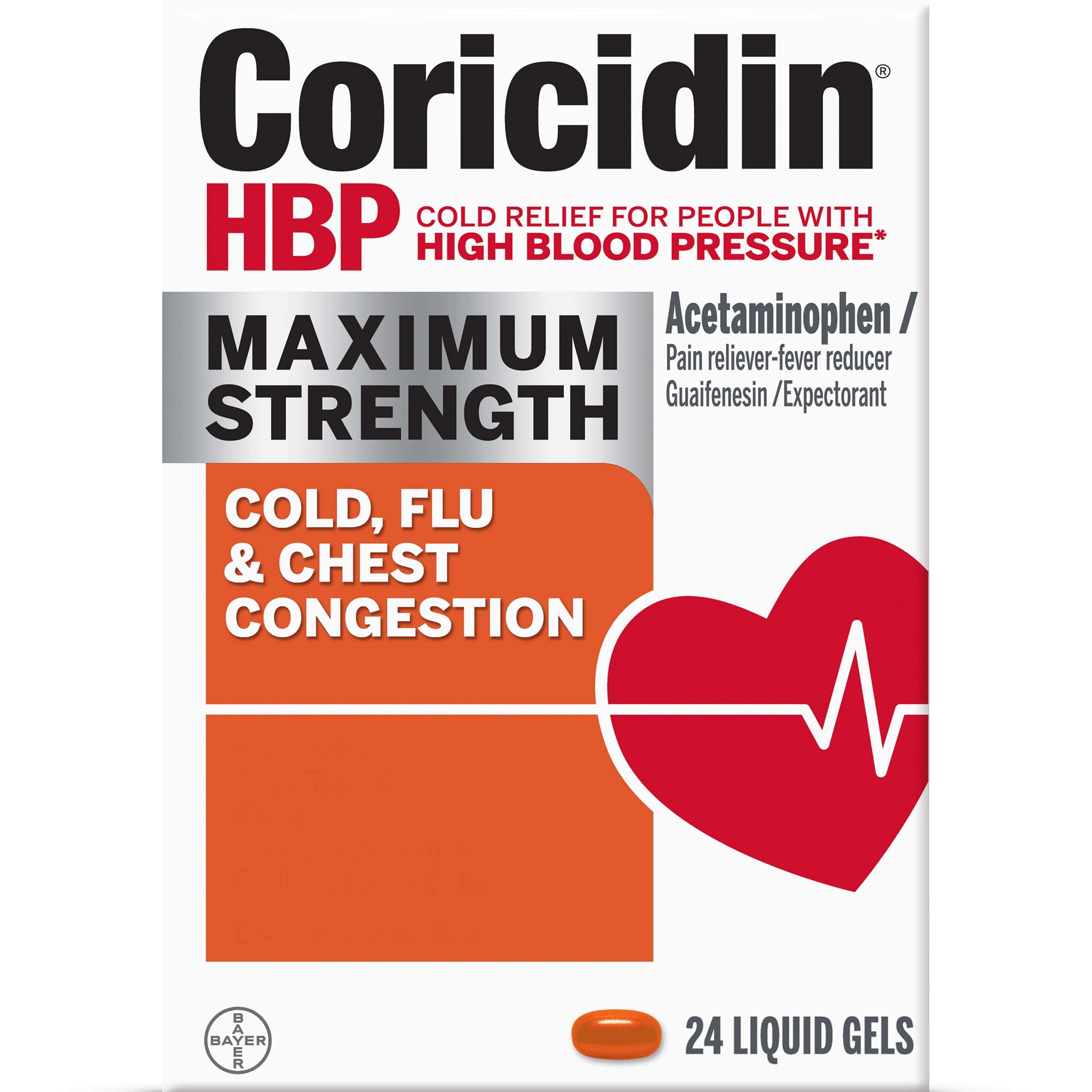 Coricidin HBP Maximum Strength Cold, Cough & Flu Medicine, Liquid Gels, 24 Ct