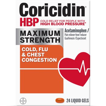 Coricidin HBP Maximum Strength Cold,  & Flu Medicine, Liquid Gels, 24 Ct