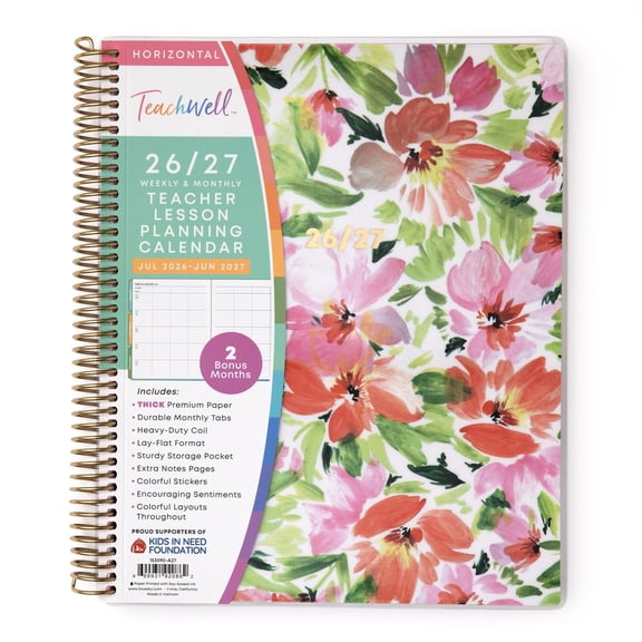 Blue Sky Teachwell 2026-2027 Weekly and Monthly Academic Year Teacher Lesson Planner Calendar, July 2026 - June 2027, 8.5" x 11",Colorful Interior, Storage Pocket, Stickers, Meilani