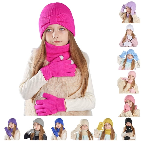 HNMKIU Kids Winter Knit Scarf Mittens Set Cozy Toddler Boys Girls Outdoor Playsuit Accessories Warm Lined Three-Piece Ensemble Hot Pink - One Size
