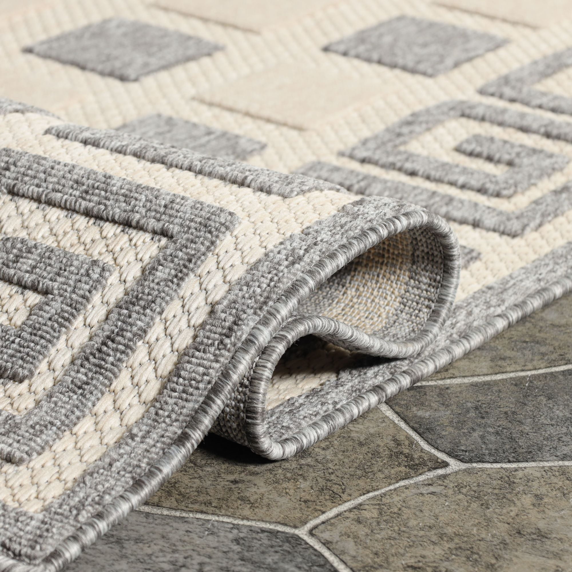 Superior Nila Greek Key Indoor Outdoor Area Rug, 6' x 8' 10", Cream
