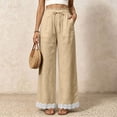thumbnail image 2 of Women's Lightweight Lace Hem Beach Pants Ruffle Elastic Waist Wide Leg Palazzo Pants Textured Summer Pockets Casual Pants Fashion Bottoms Khaki, 2 of 7
