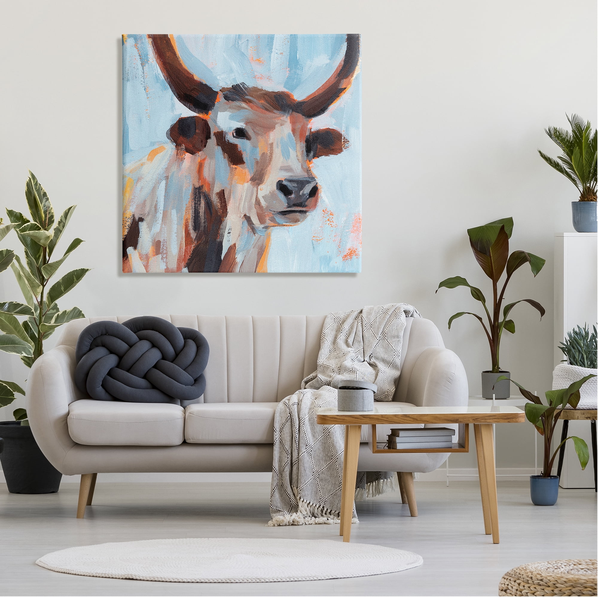 Stupell Industries Modern Cattle Cow Painterly Brushstrokes Blue Background Canvas Wall Art, 36 x 36, Design by Annie Warren