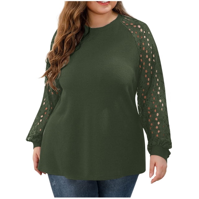 Plebaso Hauts pour Femmes Grande Taille à Manches Longues Ajourées Blouses Patchwork Col Rond Mode Féminine