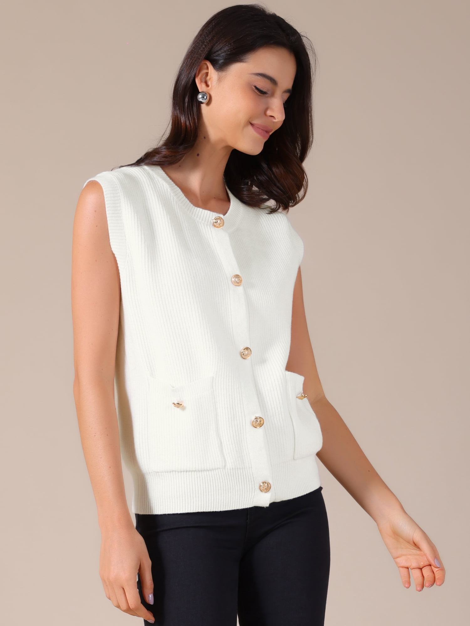 DARING DIVA Women's Button Down Sleeveless Casual Knit Tank Tops L White